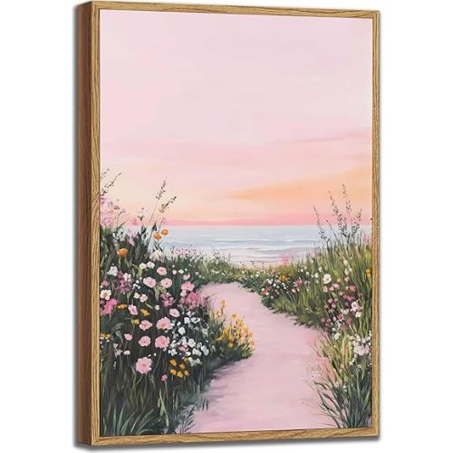 Framed Pink Coastal Seascape Wall Art Spring Wildflower Sky Beach Painting Picture Wall Decor Modern Dreamy Aesthetic Ocean Picture Print Artwork for Bedroom Living Room Office Home Decoration