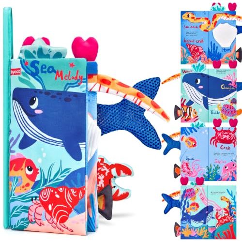JoyCat Baby Books 0-12 Months, Ocean Tummy Time Crinkle Cloth Book | Ocean sensory cloth book with mirror, 3D crab and fish encourages tummy time, exploration and early learning for babies.