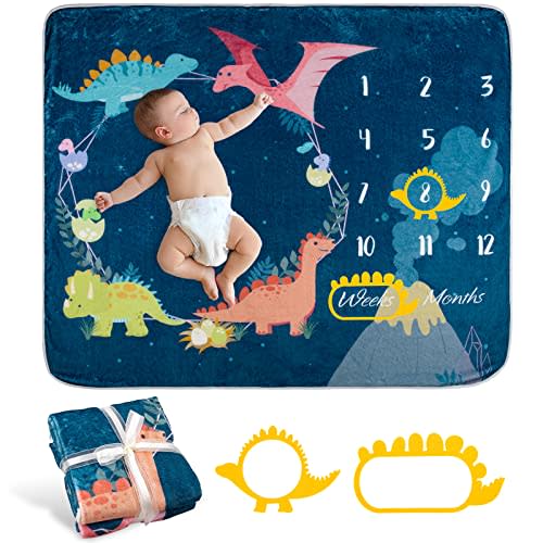 Whaline Baby Monthly Milestone Dinosaur Theme Blanket - Newborn Photography Prop, Flannel Nap Mat Backdrop With 2 Frames, Cartoon Growth Photo Mat for Girl Boy Shower Gift, 50 x 40