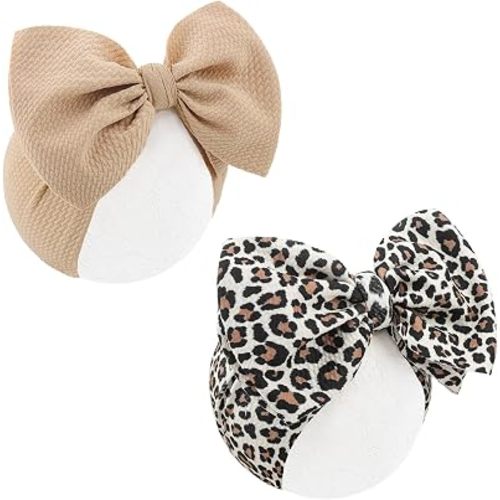 2Pcs Baby Girl Bows Leopard Print Headbands for Girls 7’’ Brown Bow Toddler Hair Accessories Newborn Infant Baby Hair Wrap