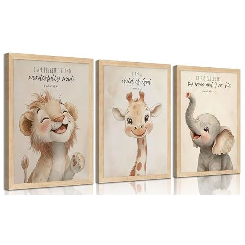 3Pcs Nursery Christian Bible Verses Safari Animals Wall Art Child of God Cute Animals Picture Wall Decor Lion Giraffe Elephant Poster Print Artwork for Kids Boys Girls Room Home Decoration Unframed