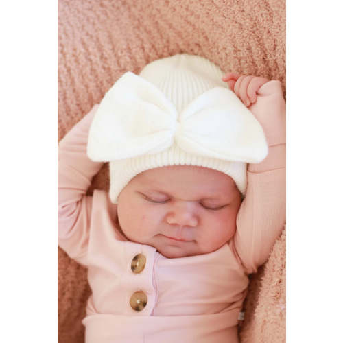 Knit Newborn Bow Beanie in Light Ivory | Caden Lane