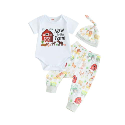 Jxzom Infant Baby Boy Girl Farm Outfit Short Sleeve New to the Farm Romper Animal Print Pants with Hat Newborn Coming Home Outfit