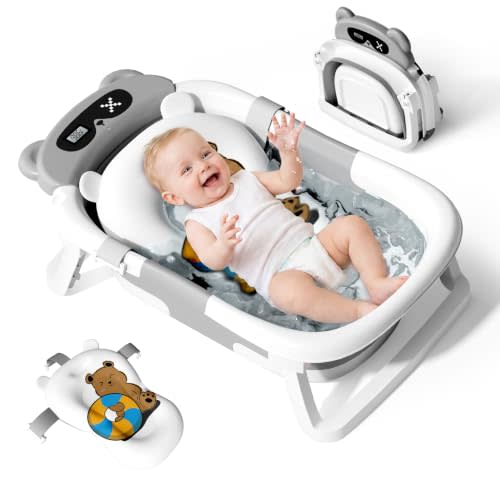 Collapsible Baby Bathtub for Newborn to Toddler (0-18 Months) - Foldable Baby Bath Tub with Soft Towel, Newborn& Infant Bathtub for Travel and Outdoor, Grey