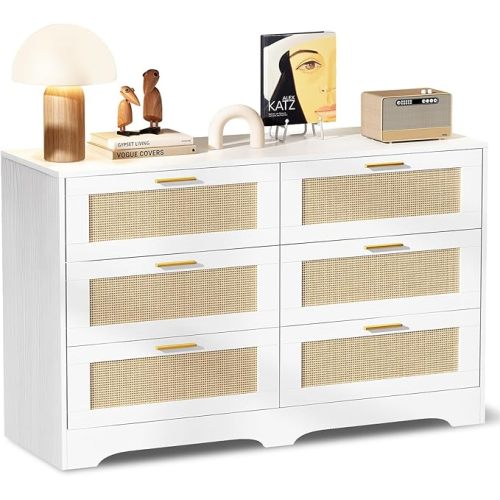 Redlife White Rattan Dresser for Bedroom, 6 Drawer Dresser with Golden Handles, Wood Storage Chest of Drawers for Closet, Living Room, Hallway and Entryway - Easy Assembly