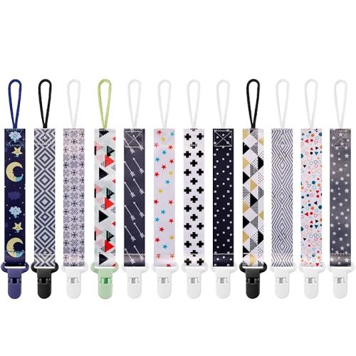 12 Pack Pacifier Clips with Short Strap(25.5cm) - Premium Polyester Baby Pacifier Holder Set, Multi-Design Clips for Boys Girls (Multicolor E 25.5cm)