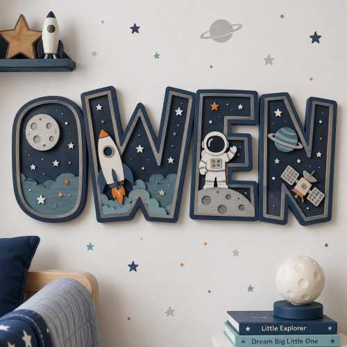Personalized Space Nursery Name Sign, Custom Wooden Letters Wall Decor, Astronaut Rocket Moon Galaxy Baby Boy Room Decor, Newborn Gift