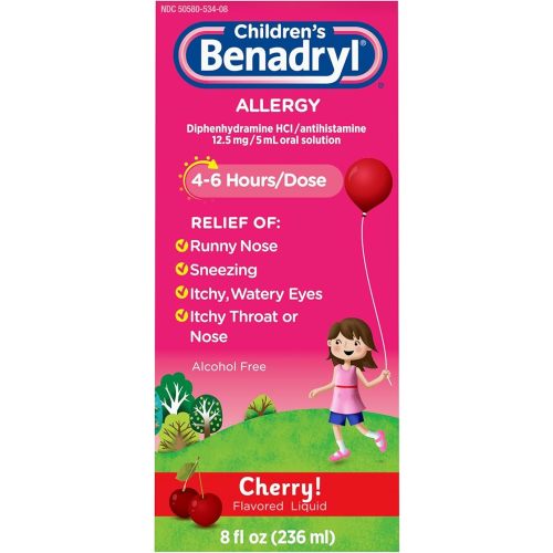 Benadryl Children's Allergy Relief Liquid Medicine with Diphenhydramine HCl Antihistamine for Kids' Allergy Relief, Effective Allergy Relief, Cherry Flavor, 8 fl. oz