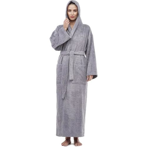 Arus Women's Hooded Classic Bathrobe Turkish Cotton Robe with Full Length Options