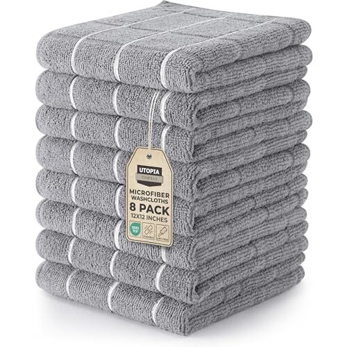 Utopia Towels 8 Pack Wash Cloths Set, 12 by 12 Inches, Highly Absorbent and Super Soft Microfiber Fingertip Towels, Multi-Purpose Washcloths for Bathroom, Hotel, Spa, and Gym (Grey)