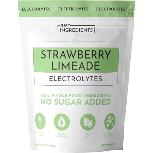 JUST INGREDIENTS Strawberry Limeade Electrolytes Drink Mix - Clean Hydration, No Sugar, Vegan - 30 Servings
