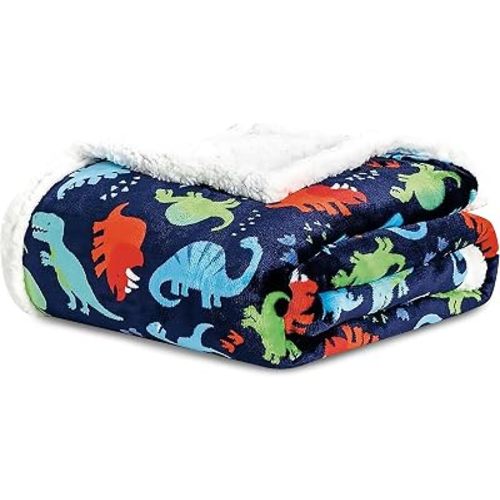 Elegant Comfort Luxury Dinosaur Sherpa Throw Blanket Ultra -Soft Cozy Velvet Cute Dino Fleece Throw-Micromink Sherpa - Cute Birthday Gift for Boys and Girls Kids, Sherpa Reversible Blanket- Navy Dino