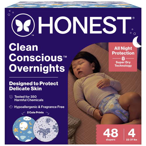 Clean Conscious™ Overnight Diapers | Up to 12 Hours of Protection | Hypoallergenic + Fragrance Free | Cozy Cloud + Star Signs | Size 4, 48 Count Club Box