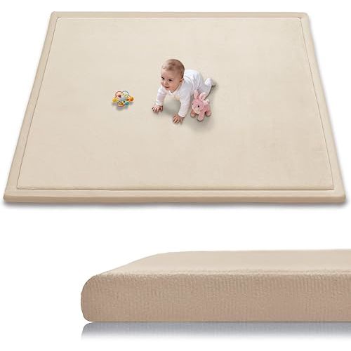 TreeBud Baby Play Mat for Floor, 1.3 Inch Thick Memory Foam Tummy Time Mat with Non Slip Backing, Soft Coral Velvet 50×50 Inch Playpen Mat Crawling Tatami for Infants Toddlers Kids, Beige