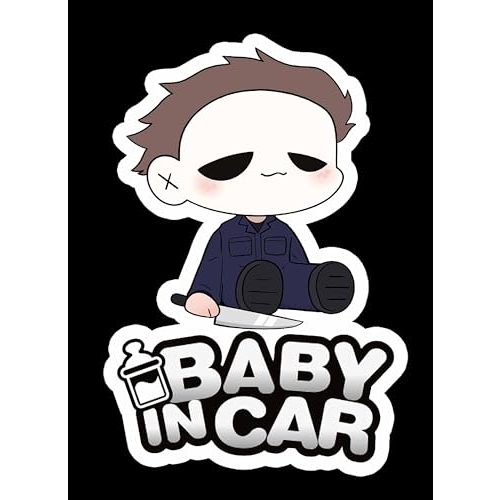 Baby Myers Baby in Car Baby on Board Safety Halloween Vinyl Sticker Decal Printed 6.5x4.7 Inch AG-689