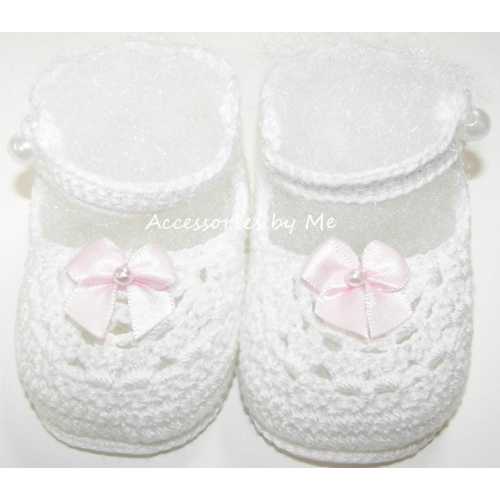 Handknit Cotton Mary Jane Booties, White Crochet Baby Shoes, Newborn Girls Gift