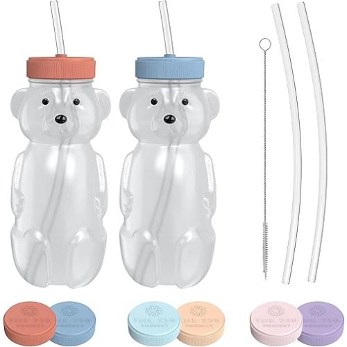 Honey Bear Straw Cup for Babies, 2-Pack Honey Bear Bottle with Travel Lid, Therapy Learning Honeybear Straw Cup, Baby Bottle Set, 8 oz, Blueberry Pie & Firetruck