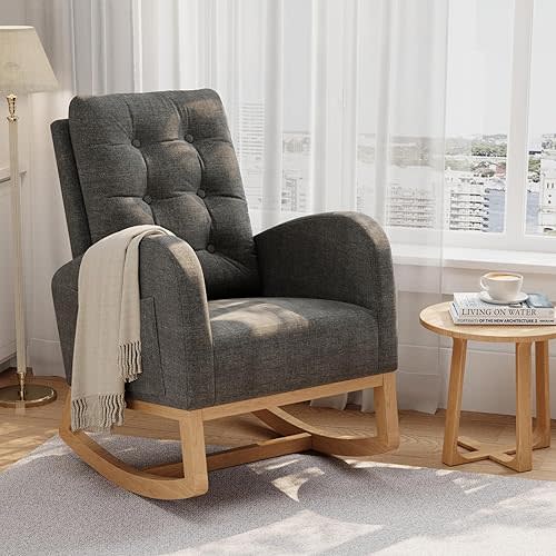 GarveeHome Nursery Rocking Chair, Linen Fabric Upholstery, Sturdy Wooden Legs & High Backrest, Comfortable Glider Rocking Chair for Living Room or Bedroom, Dark Grey