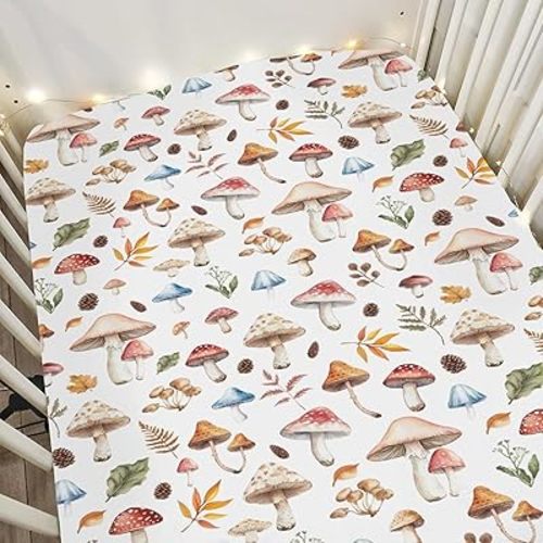 Watercolor Mushrooms Baby Crib Sheets for Boy Girl 52x28Inch Mushrooms Leaves Soft Stretchy Fitted Crib Mattress Cover Autumn Plant Baby Sheet for Standard Crib and Toddler Bed Mattress