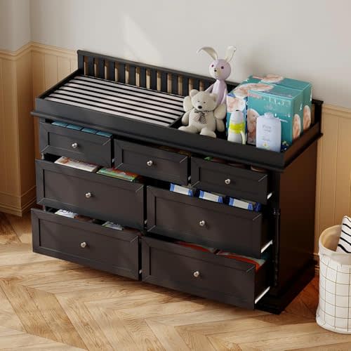 WOODTIME Nursery Dresser with Diaper Changing Tray, Baby Kids Dresser Changing Table with 7 Drawers & Carved Pattern for Nursery Bedroom Living Room, Black, 19.3" D x 56.5" W x 40" H