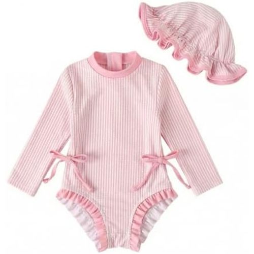 DivingBirds Baby Girls Long Sleeve Swimsuit with Hat, Toddler Girls Bathing Suit with Snap and Zipper for 3 Months to 3 Years