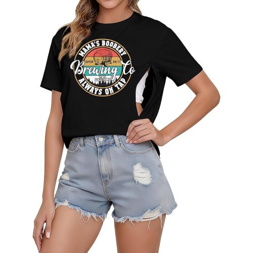 Women's Nursing Shirts for Breastfeeding Zipper Short Sleeves Mama Shirt Causal Maternity Nursing Graphic Tees Tops