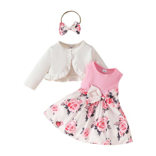 CAICJ98 Toddler Baby Girls Fashion Outfits Sleeveless Flower Print Dress Long Sleeve Ruffle Coat Bow Headband Clothing sets (9-12 Months,White)