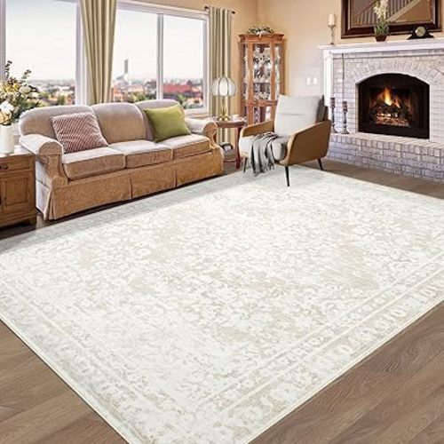Aoyaomi Vintage Living Room Area Rug - 6x9 Large Machine Washable Boho Area Rug Distressed Floral Rugs for Bedroom, Soft Non-Slip Indoor Floor Accent Rugs for Office Dining Room (Cream Beige, 6'x9')