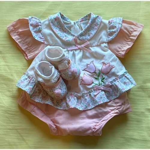 Vintage MAYFAIR Cute Newborn Baby Girls 0-3 Months Boutique Collared Tulip & Flower Print Dress, Bloomer Panty , Socks and Shoes Set.