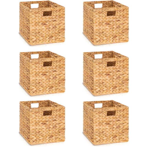 12.6x12.6in Wicker Storage Baskets (Fits Cubbies with 13.25"+ Inner Openings) - Handwoven Water Hyacinth Foldable Cube Bins for Shelves, Closets & Organizers