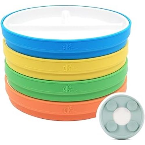 Elk and Friends Kids 7.8” Porcelain Divided Plates with Silicone Suction Sleeves | Suitable for Kids/Toddlers | Microwave & Dishwasher Safe | Non Slip | Snack Dishes | 4 Pack