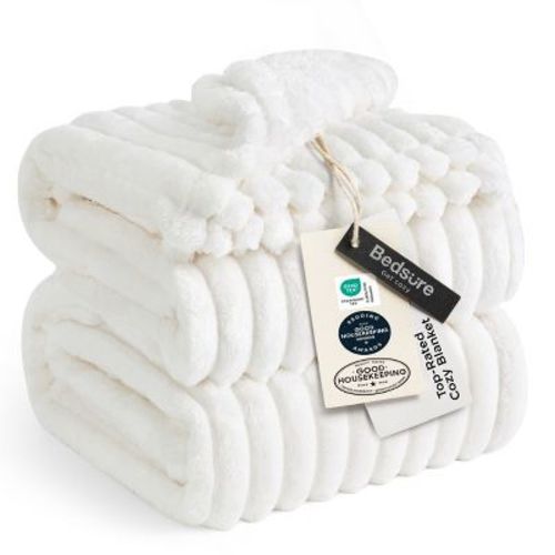 Bedsure GentleSoft Striped Fleece Blanket - Full Size Summer Alt, AC Room Lightweight, Off White, Full, 84x90 in