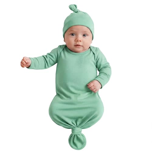 Baby Gowns, Stretchy Newborn Nightgown with Folding Glove 0-6 Month | Soft Breathable Coming Home Outfit, Baby Shower for Girl Boy, Stretchy Long Sleeve Infant Pajamas with Hat