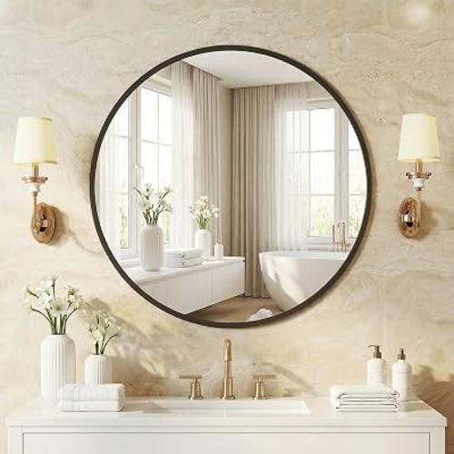 NEWBULIG 20 Inch Round Wall Mirror, Bathroom Mirrors for Over Sink, Matte Metal Framed Circle Vanity Mirror, Wall Decor for Bedroom, Entryway, Anti-Rust, Tempered Glass, Hanging or Leaning, Black