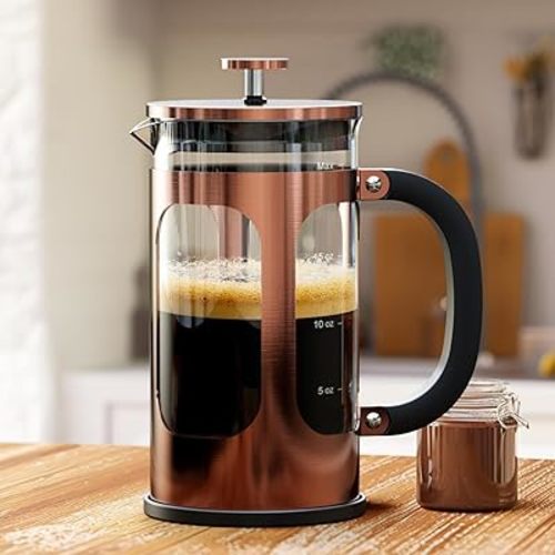 Veken French Press Coffee Maker, Heat Resistant Thickened Borosilicate Glass,Stainless Steel Brewer,Single Serve Small Pot, Cold Brew Cafetera Teapot for Kitchen Travel Camping, 21oz 0.6 L,Copper