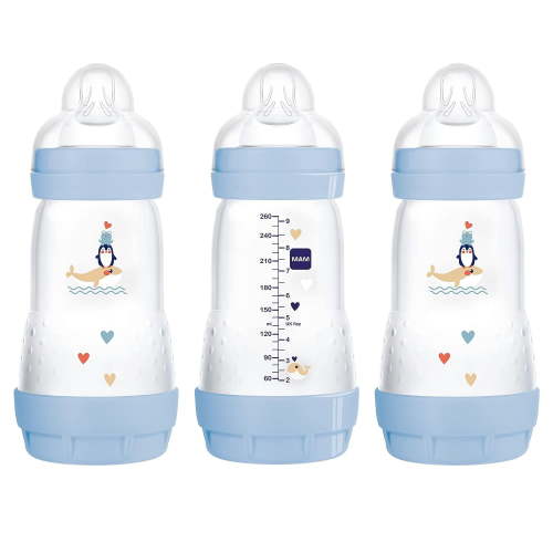 MAM Easy Start Anti-Colic 9 oz Bottle 3-Pack, Self-Sterilizing, Medium Flow Silicone Nipple, Blue for Baby Boy
