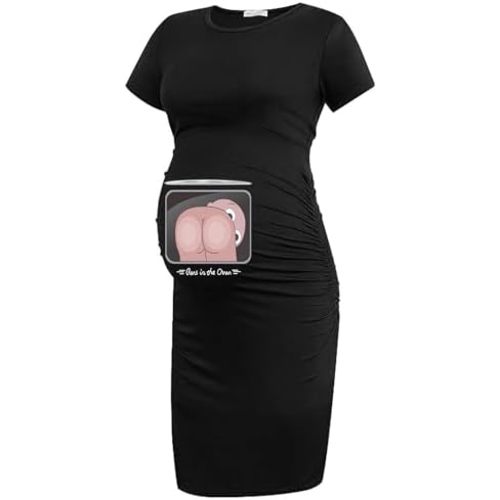 EAST KNITTING Funny Baby & Letter Print Bodycon Women's Footprint Short Sleeve Maternity Dress Ruched Pregnancy Clothes