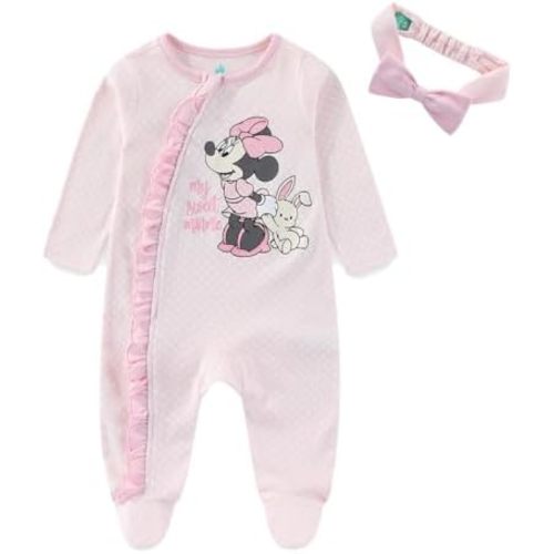 Disney Minnie Mouse Baby Girls Long Sleeve Footies Coverall Romper With Headband for Newborn and Infant