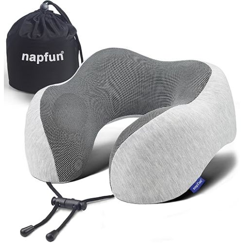 napfun Neck Pillow for Traveling, Upgraded Travel Neck Pillow for Airplane 100% Pure Memory Foam Travel Pillow for Flight Headrest Sleep, Portable Plane Accessories, Light Grey