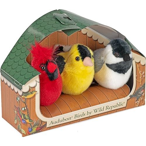 Wild Republic Audubon Birds Collection with Authentic Bird Sounds, Northern Cardinal, American Goldfinch, Chickadee, Bird Toys for Kids and Birders 3 Count (Pack of 1)