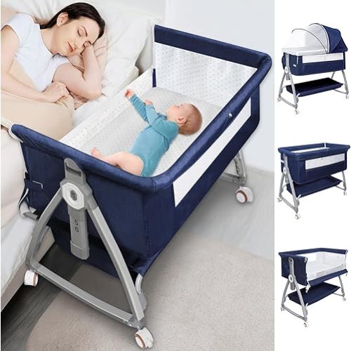 Bassinets Bedside Sleeper for Baby,YTHFGRT 3 in 1 Bedside Bassinet with 4 Auto-Lock& 6 Height Adjustable,Moises Para Nias Recien Nacidas Breastfeeding Friendly,Portable Bedside Crib for Newborn Infant