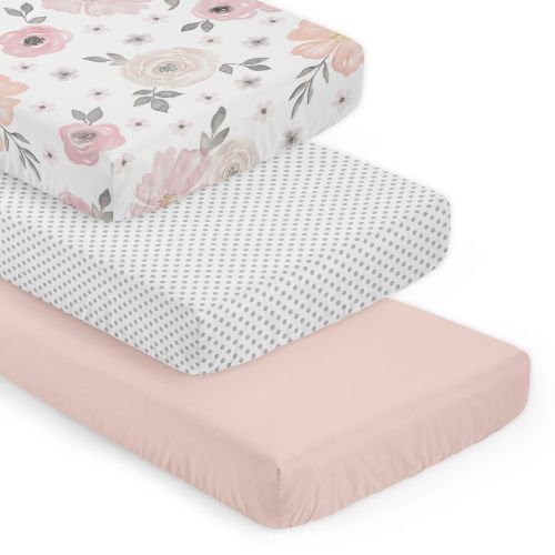 Sweet Jojo Designs Girl Fitted Crib Sheets Watercolor Floral Pink and Grey 3pc