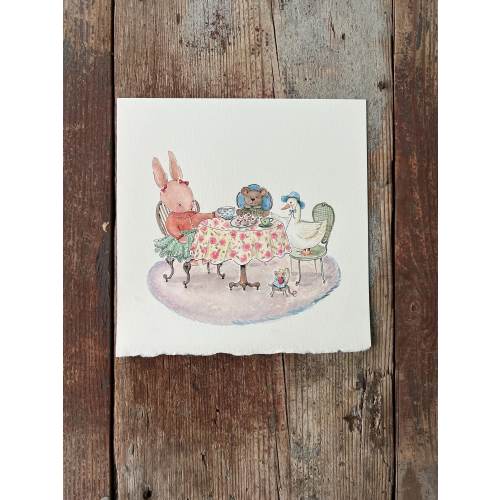 Bunny Tea Party Watercolor Painting: Children's Nursery Art (8x8)