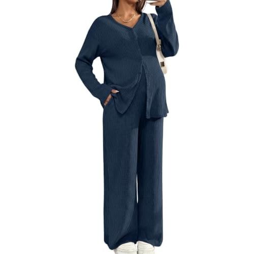BLENCOT Women's Maternity Lounge Set 2 Piece Outfits Long Sleeve Top and Pants Pregnancy Clothes with Pockets