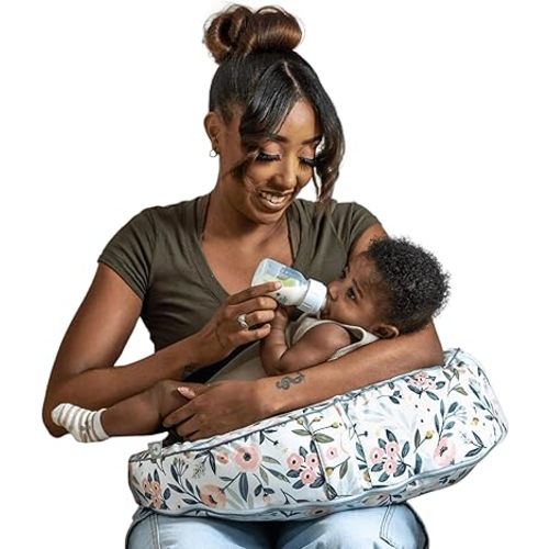 Boppy Uplift Nursing Pillow - Wedge Bottle & Breastfeeding Pillow to Reduce Spit-Up and Reflux Symptoms, with Body-Inclusive Opening and Belt, Baby Safety Alliance Verified - Pink Garden Flowers