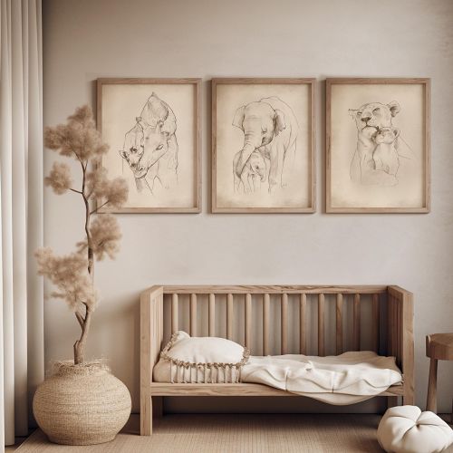 Vintage Style Safari Animal 3 piece Drawing Wall Art, Triptych Nursery Kids Bedroom Prints, Mother n Child, Beige Neutral Earthy Tone