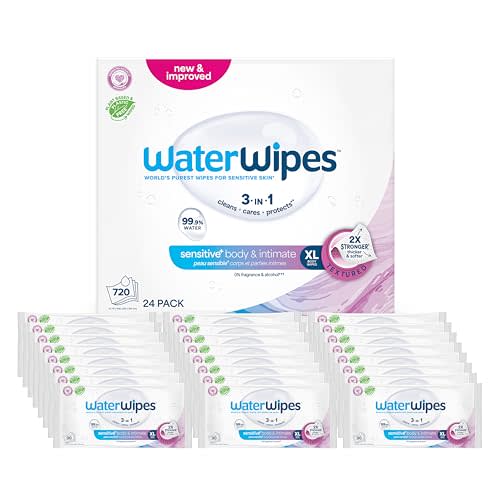 WaterWipes Adult Care Sensitive Body & Intimate Hygiene Wipes, 720 Wipes (24 Packs), Extra Large Textured, 99.9% Water-Based, For Everyday Personal Uses