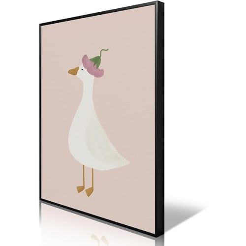 Silly Goose Canvas Wall Art, Cute Nursery Animal Poster, Goose with Purple Flower Hat Print for Kids Room, Neutral Farm Animal Pale Pink Painting for Girls Playroom Wall Decor 16x24in Unframed