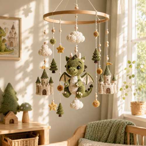 Crochet Dragon Baby Mobile, Fantasy Castle Crib Mobile with Pine Trees Clouds Stars, Woodland Nursery Decor, Baby Shower Gift