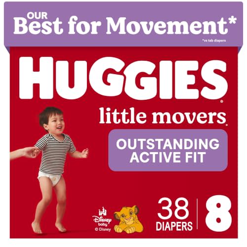 Huggies Little Movers Diapers Size 8, 38 Count | Double Grip Strips, Blowout Protection, Secure Flexible Fit, Up to 12-Hour Protection, Dry Touch Liner, Wetness Indicator